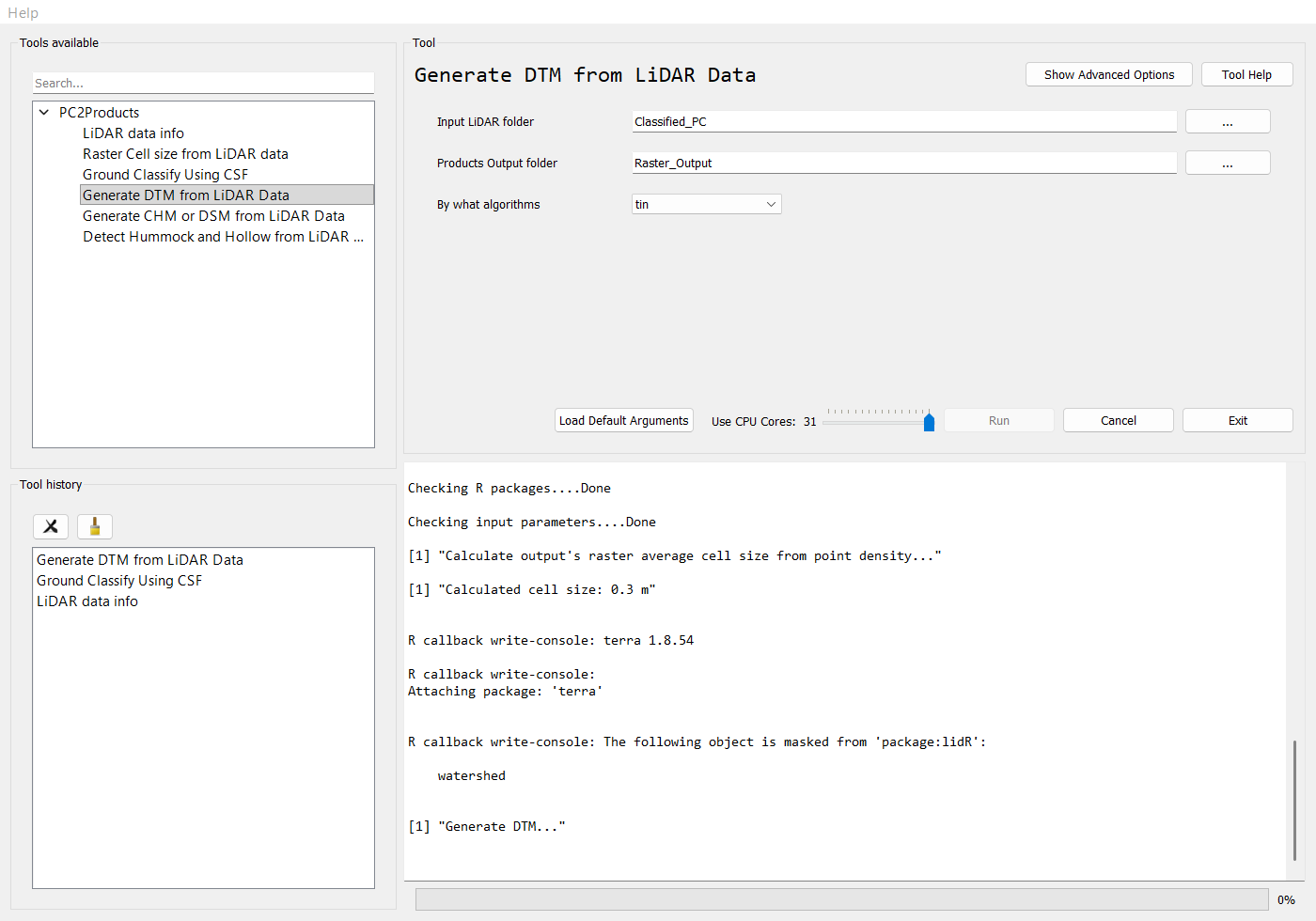 Generate DTM from LiDAR Data running in the BERA Tools GUI