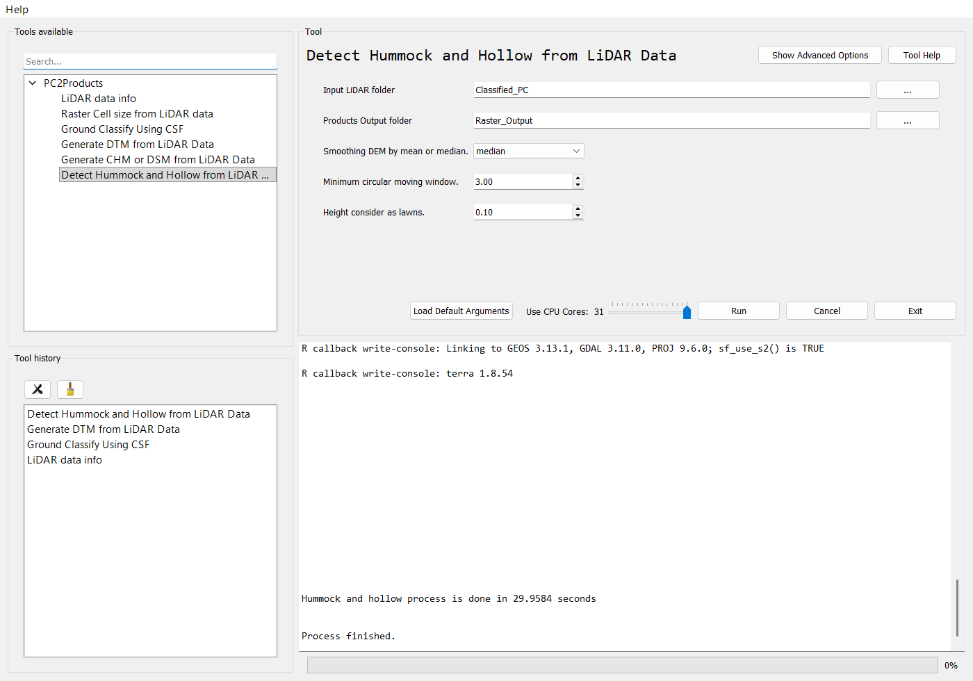 Detect Hummock and Hollow from LiDAR Data in the BERA Tools GUI after a run