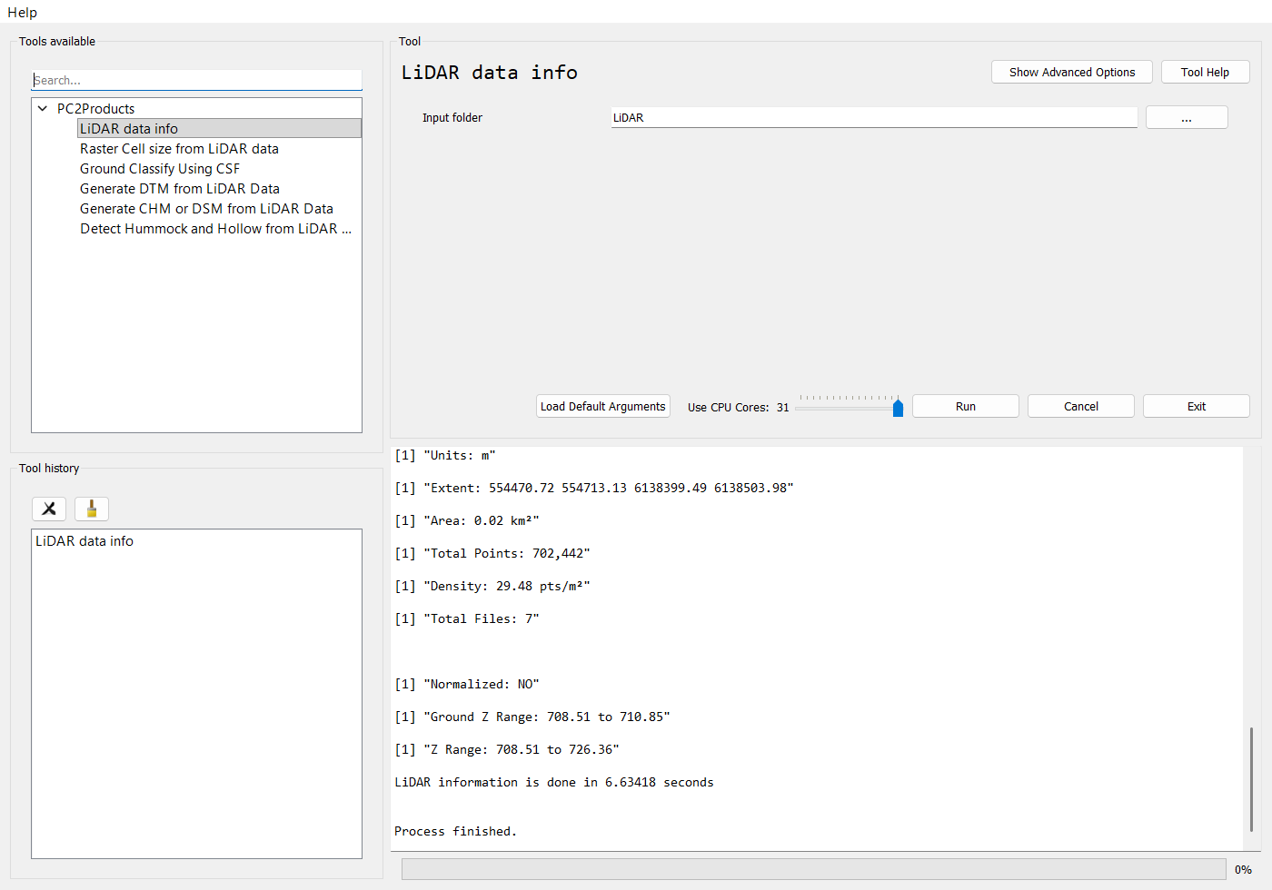 LiDAR data info in the BERA Tools GUI